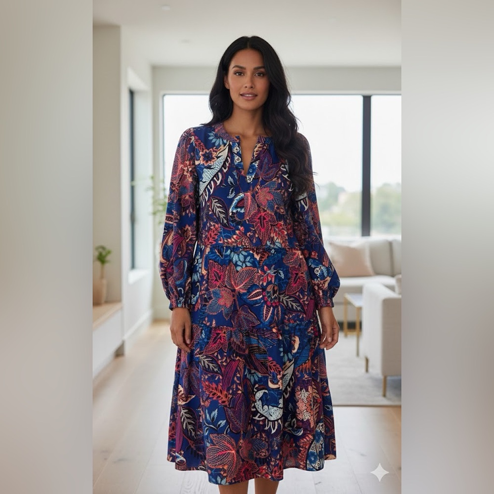 London Times Blue Paisley Floral Split V-Neck Tiered Long Sleeve Midi Dress 8